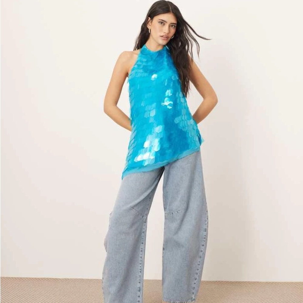 ARRANGE embellished shard sequin longline halter disc top mini dress blue shell - Picture 3 of 12